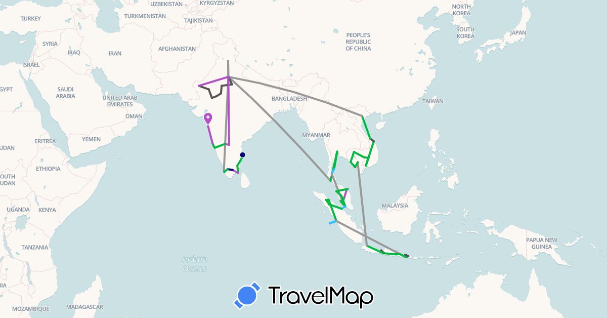 TravelMap itinerary: driving, bus, plane, train, boat, motorbike in Indonesia, India, Cambodia, Malaysia, Thailand, Vietnam (Asia)
